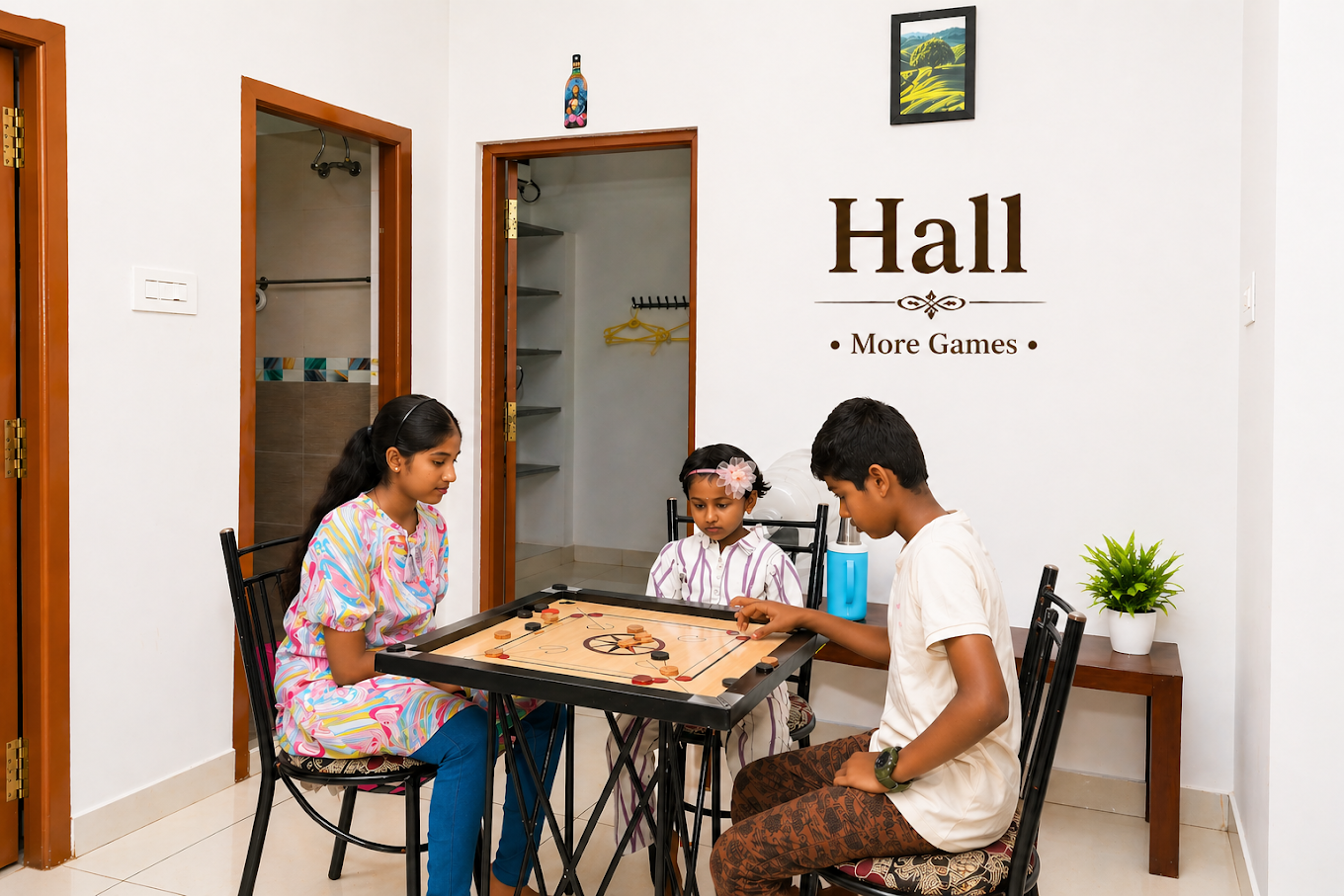 Children playing carrom in the homestay hall