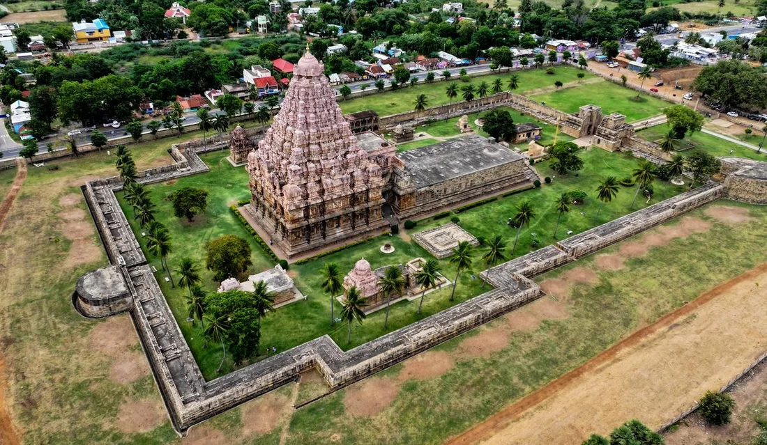 Aerial view of the Brihadisvara Temple complex at Gangaikonda Cholapuram, surrounded by its walled garden