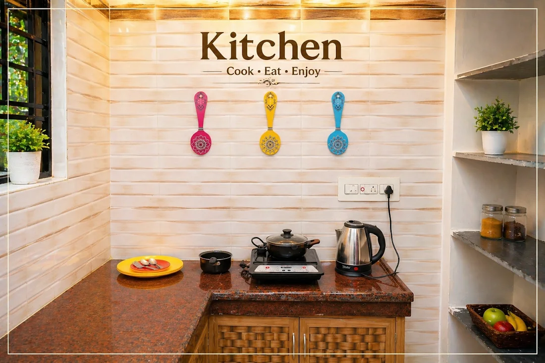 Kitchen counter with stove, kettle and fresh fruit