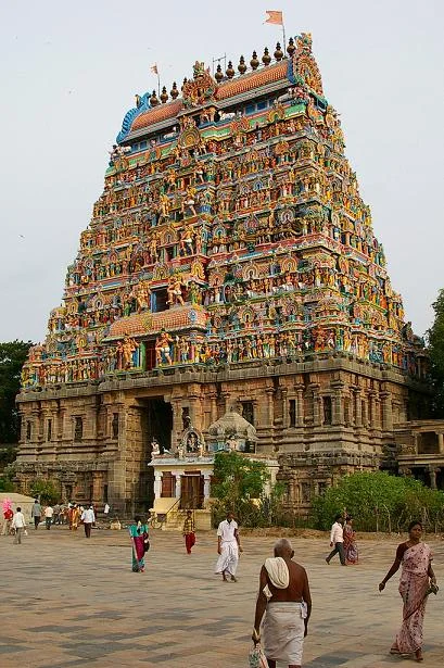 Ornately carved and painted gopuram tower of the Nataraja Temple, Chidambaram